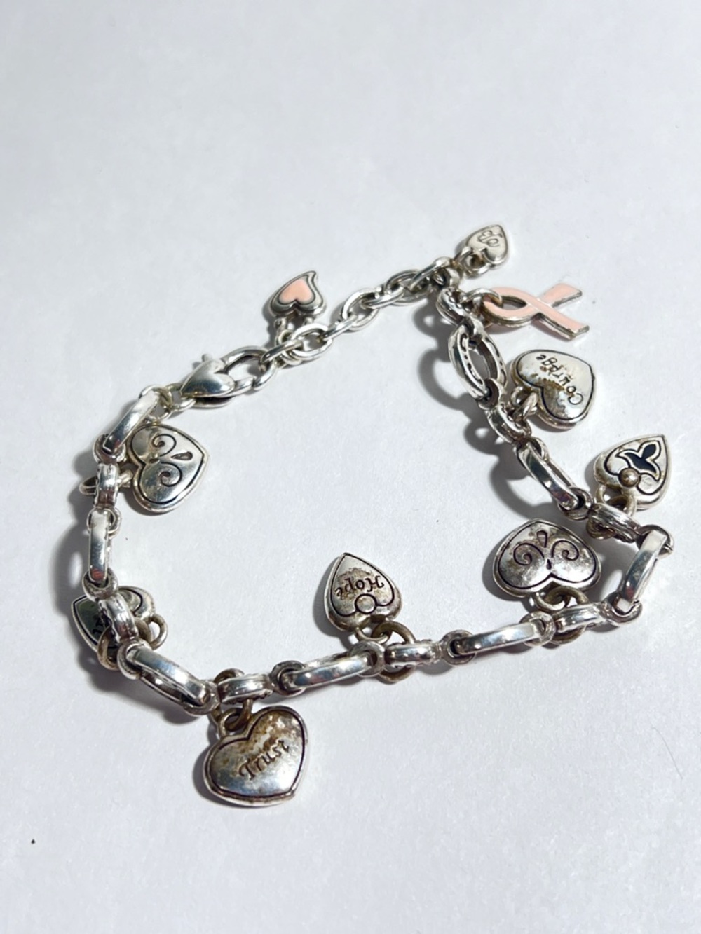 Vintage BRIGHTON THINK PINK Heart Charm Bracelet Breast Cancer Awareness